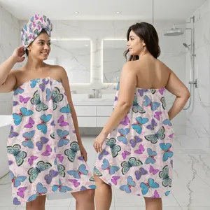 Women's Full Size Bathrobe Set with Dry Hair Cap, Wearable Towel Dress + Dry Hair Hat Combo, Super Absorbent Quick Drying, Spa Travel Essential, Bathing Lady