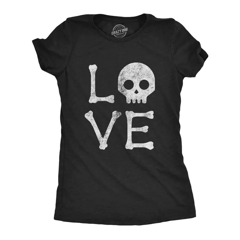 Womens Love Skull T Shirt Funny Skeleton Bones Halloween Party Graphic Tee Funny Womens T Shirts Cute Vintage Graphic Tee Halloween Costume Tops for Women Women's Novelty Tees Black