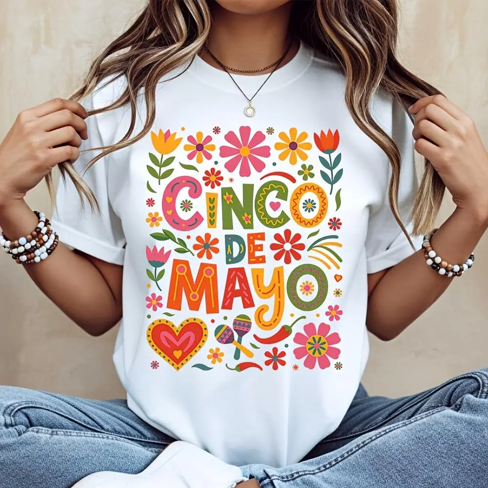 Cinco De Mayo Floral Print T-Shirt, Mexican Fiesta Holiday Celebration Top, Summer Party Casual Wear