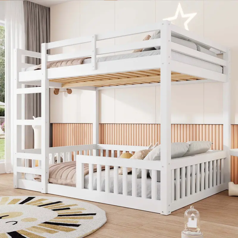 Full over Full Bunk Bed with Ladder and Guardrails, Wooden Floor Bunk Bed Frame for Teen Adults