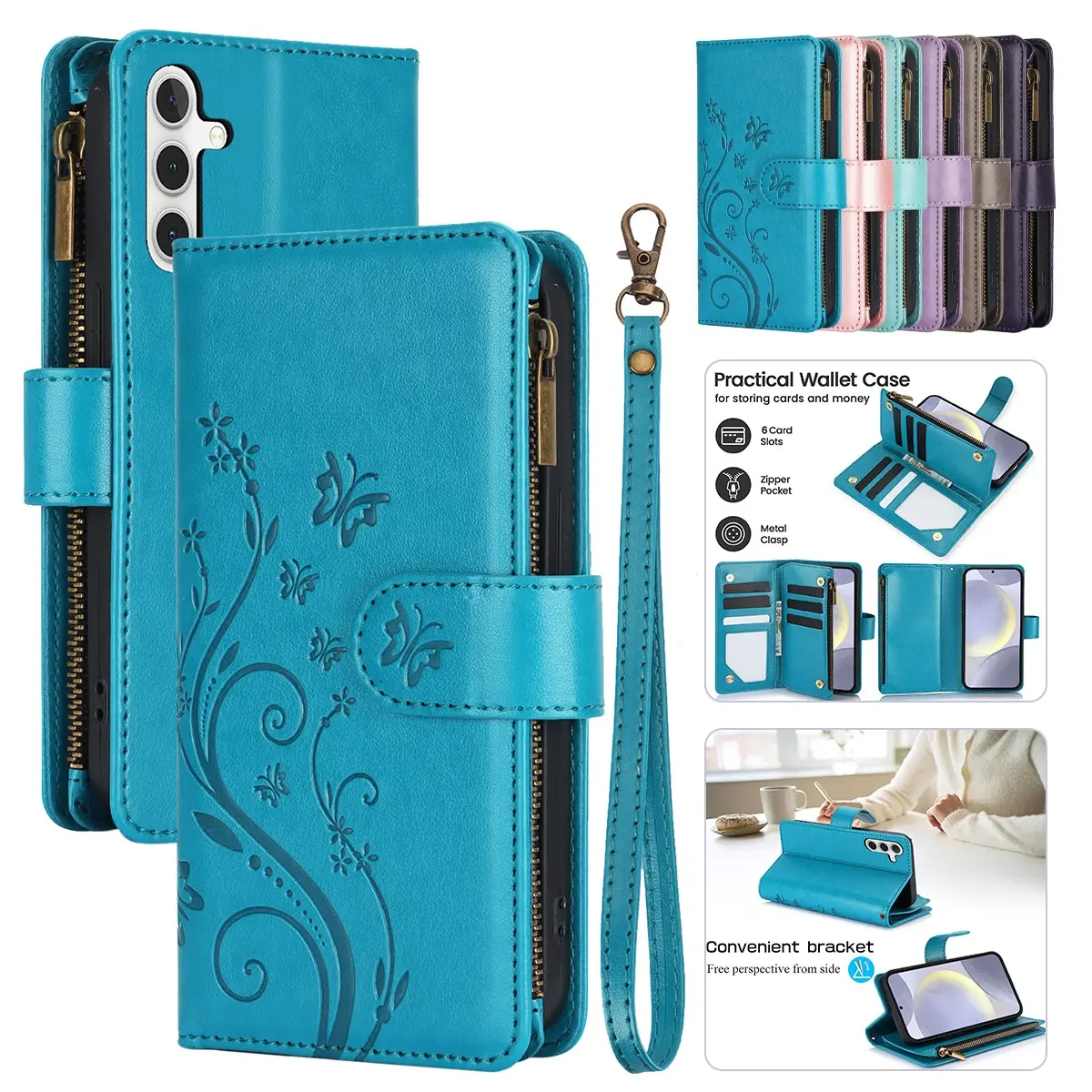 Luxury Leather Butterfly Flower Pattern Flip Wallet Case for Samsung Galaxy S26 S25 Ultra S24 S23 S22 S20 FE - Smartphone/Cellphone Cover with Zipper Pocket, Credit Card Slots Holder, Protection Accessories