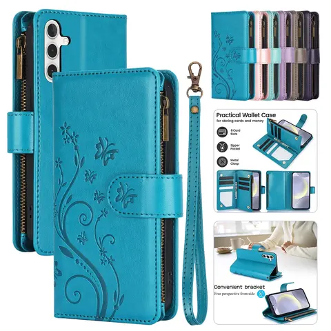 Luxury Leather Butterfly Flower Pattern Flip Wallet Case for Samsung Galaxy S26 S25 Ultra S24 S23 S22 S20 FE - Smartphone/Cellphone Cover with Zipper Pocket, Credit Card Slots Holder, Protection Accessories