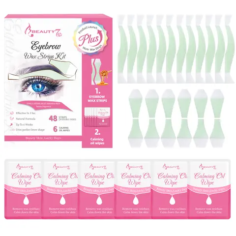 Beauty7 Fit Eyebrow Wax Strips Plus Volum Pre-cut Facial Hair Removal Lip Hair Removes at Home Waxing 48 Strips 6 Calming Oil Wipes for All Skin Types Women Natural Ingredients Cold Wax Formula - Body Care, Sensitive, Gentle