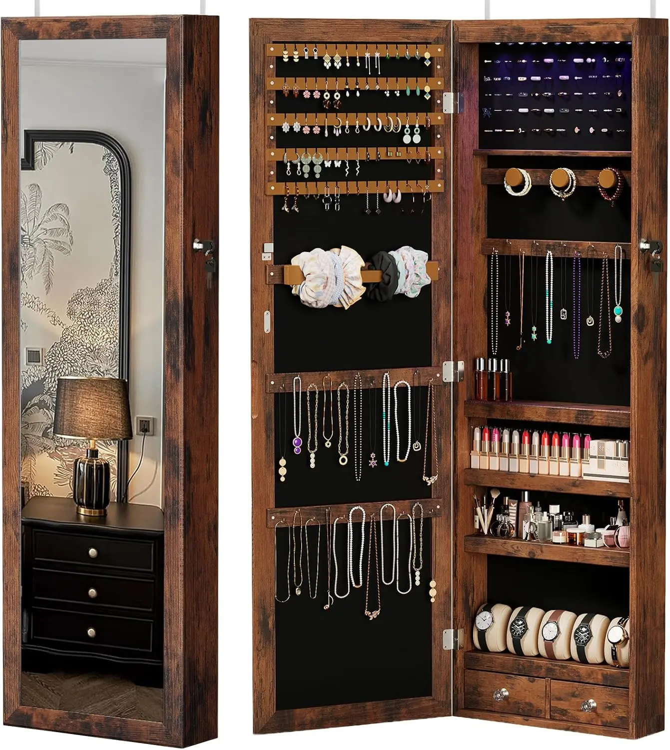 6 LEDs Automatic Mirror Jewelry Cabinet, 47.2" Tall Lockable Wall & Door Mounted Jewelry Armoire Organizer with Storage, 2 Drawers