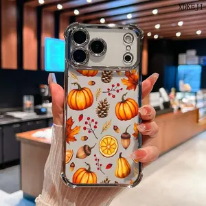Four-corner anti-fall Autumn-themed pattern mobile phone case, suitable for iPhone17/16/15/14/13/12/11/pro max/air, anti-fall, shockproof, transparent, Fall leaf pumpkin mobile phone protective cover, strong mobile phone protection accessories