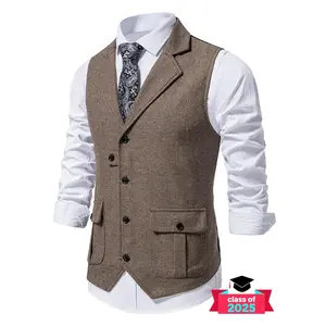 Men's solid color button pocket suit vest, regular fit casual fit formal fit lapel sleeveless suit vest, suitable for work, office, business, all season men's clothingRAIMENTRY