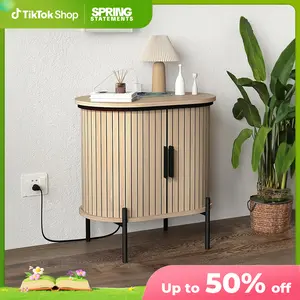 EBELLO Mid-Century Oak Tambour Fluted Side Table with Charging Station & Storage | End Table for Living Room & Bedroom & Small Spaces | Christmas Gift Wooden Tabletop