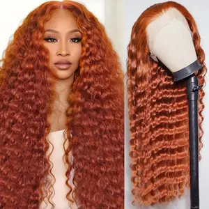 30 Inch Ginger Orange Lace Front Wigs Human Hair Deep Wave 13x6 HD Transparent Lace Frontal Wig for Women 180% Density Curly Wet and Wavy Lace Front Wigs Human Hair 350# Colored Glueless Wig