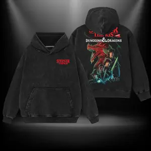 D&D Stranger Things Double Printed Oversize Lightweight Acid Washed Tee TV Show Graphic Top Cotton Gift T-Shirt For Comic Lover, Gift T-Shirt For Movie Lover