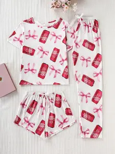 Women's Bowknot Soda Print Sleepwear Set, Casual Fitted Three-Piece Pajamas, All-Season Comfortable Nightwear