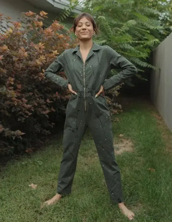 ZIP UP PAINT SPLATTER COTTON JUMPSUIT WOMENS