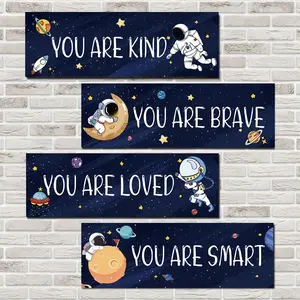 4pcs Wooden Bedroom Space Decor, Astronaut/Space Explorer Inspirational Quote Sign, Space Art Decoration for Bedroom/Living Room/Game Room, Home Décor with Hooks, Hanging Plaque