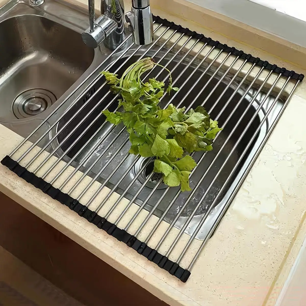 Stainless Steel Sink Drain Basket, Foldable Sink Drain Rack, Kitchen Fruits & Vegetables Drain Storage Rack, Household Dish Drying Rack
