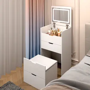 23-inch Modern Vanity Table with Flip Mirror Three Adjustable Color Lights Three Large Drawers Makeup Stool for Office Work Tea Drinking Reading and Makeup Application Girl Friendly Multi Functional Desk