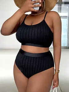 Plus Size Solid Textured Bikini Set, Casual Comfy Adjustable Strap Swim Top & High Waist Swim Bottom Swimsuit Set, Women's Swimwear for Summer, High Stretch Bikini
