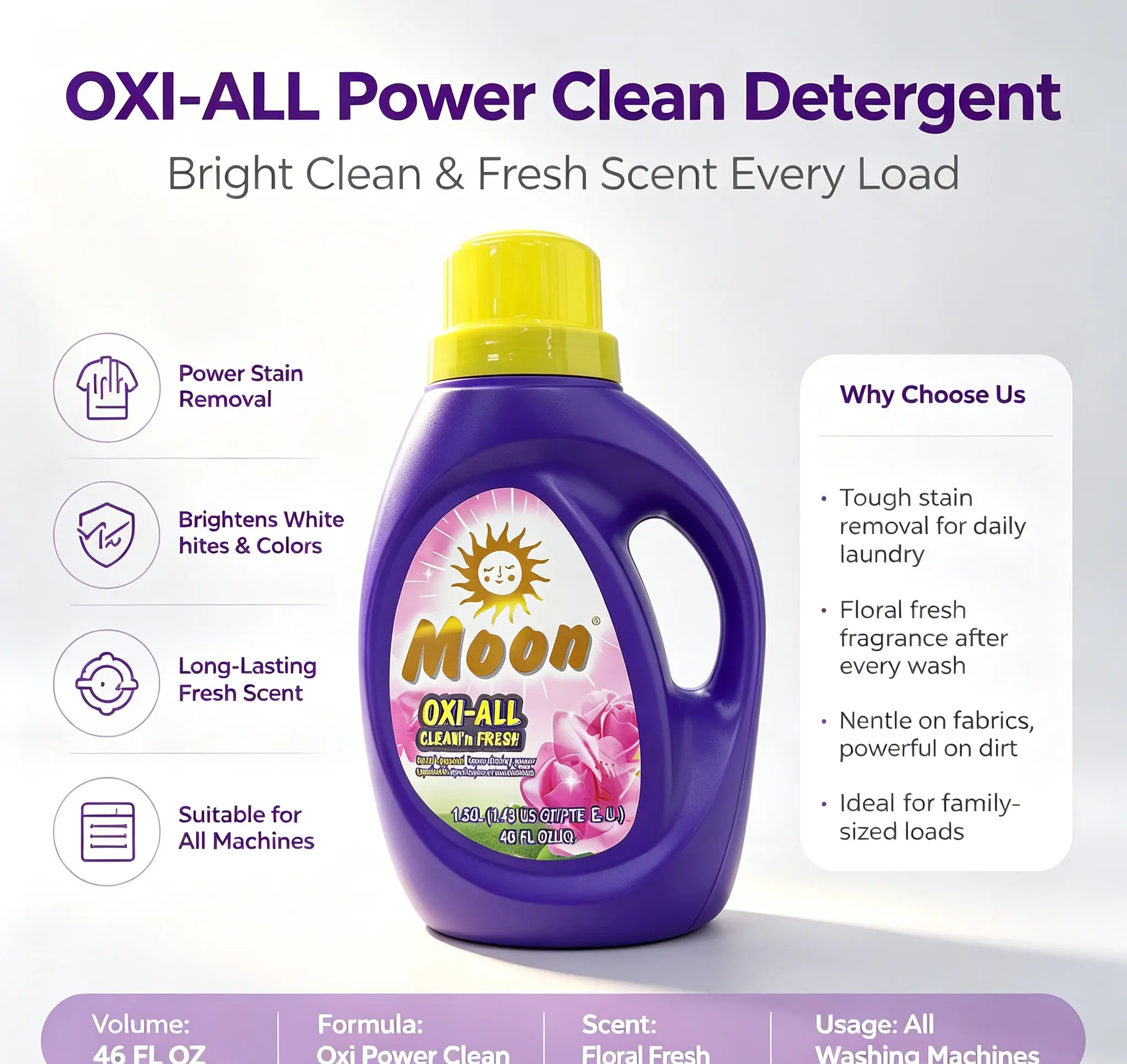 Moon1.36L  OXI-ALL Laundry Detergent | Deep Stain Removal & Long Lasting Floral Freshness