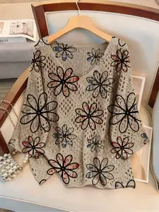 Women's Floral Print Long Sleeve Knit Top, V Neck Casual Elegant Vacation Style Sweater, Loose Fit Batwing Shoulders, Spring Summer Fall