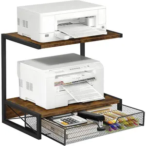 2-Tier Desktop Printer Stand with Storage Drawer, Wooden Printer Stand for Desk, Small Printer Table with Shelf for Home Office, Fits Fax Machine, Scanner, 3D Printer, Rustic Brown