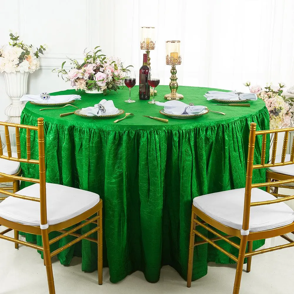 72" Round Ruffled Fitted Crushed Taffeta Tablecloth With Skirt - Emerald Green (1pc)