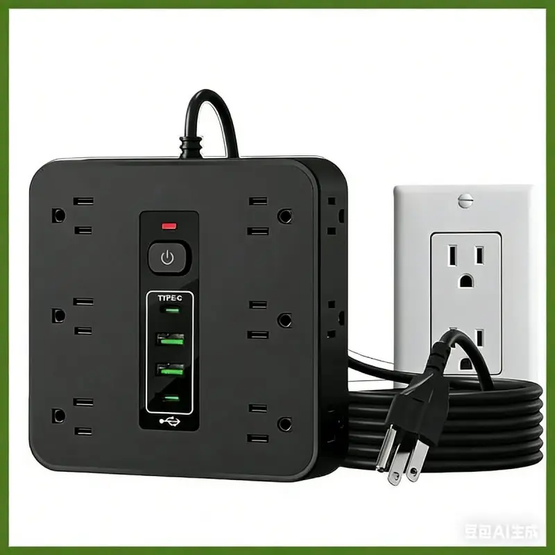 16-In-1 Rectangle Power Strip with On-Off Switch & Surge Protection - 12AC Outlets, 2 USB Slots, 2 Type-C Ports, Wall Mount/Desktop Placement, 5-Foot Ropes, 14x14x3.5cm Extender for Home, Travel Use