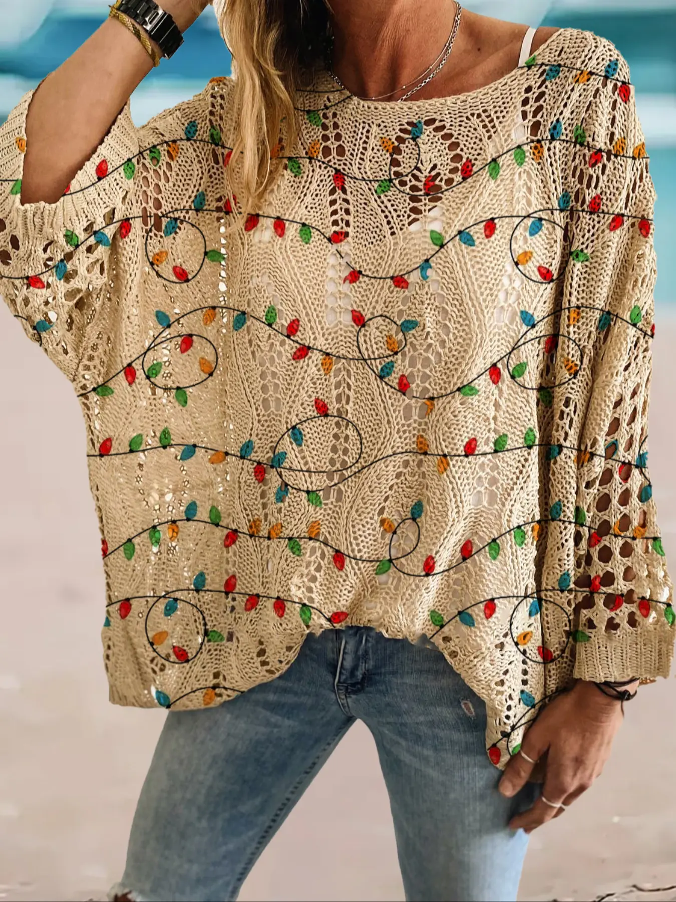 Women's Christmas Light Print Long Sleeve Knit Top, Casual Elegant Vacation Style Sweater, Loose Batwing Shoulders, Spring Summer Fall