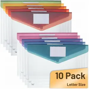 Clear Plastic Envelopes File Folders, 10 Pack, A4, Letter Size, Colorful Flaps, Clear Folders for Documents Plastic Poly Envelopes with Label for School, Home, Work, Office, Organizer