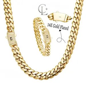14K Real Gold-Plated Cuban [Set] Necklace & Bracelet with Miami Link Chain Stainless Steel Thick Anti-Friction Chain and Diamond Clasp for Men and Women 6/8/10/12/14MM Colorfast Waterproof Thickened Hip Hop Jewelry Black Friday