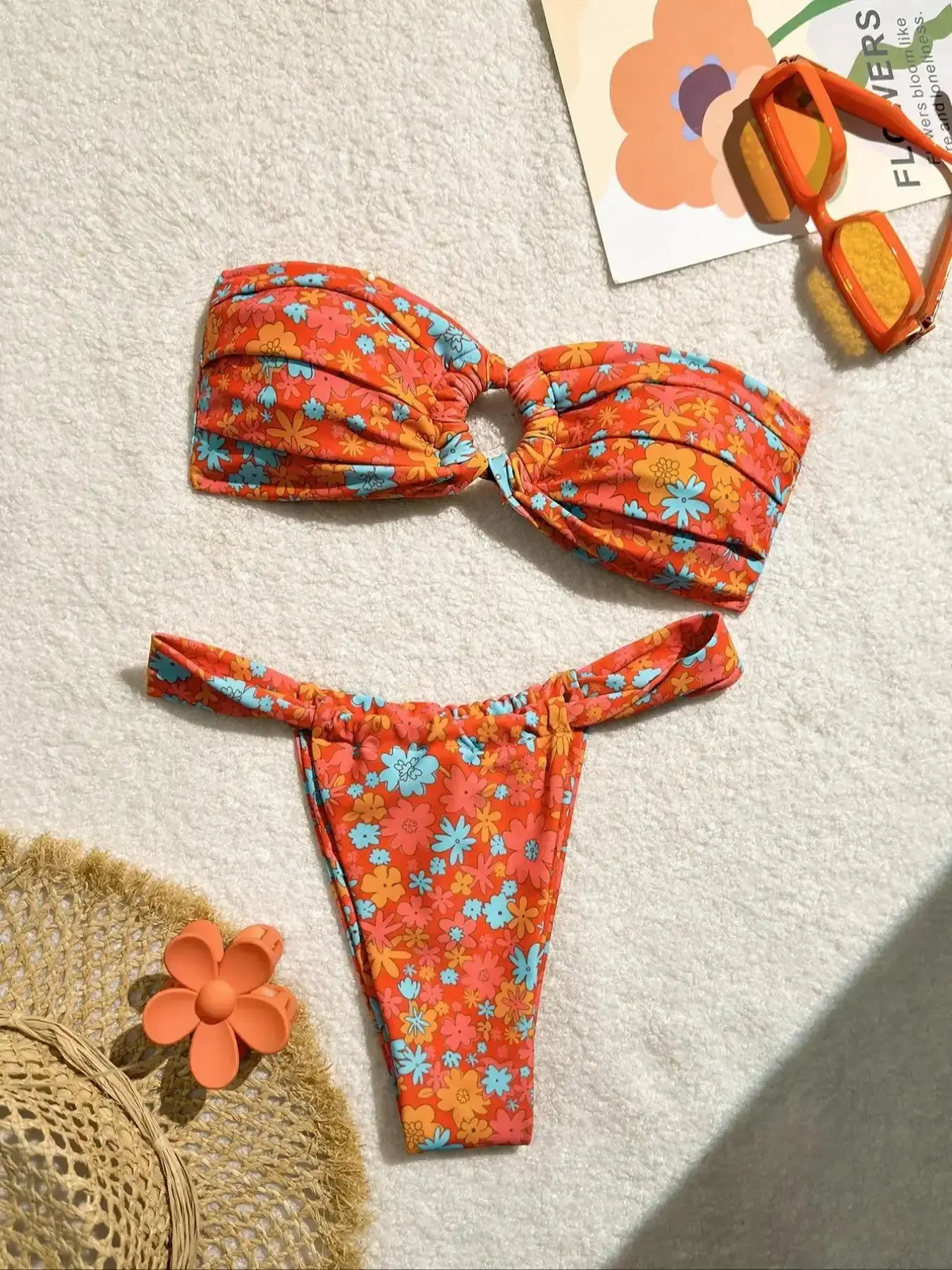 Two-Piece Set Women's Floral Print Bandeau Bikini Set, Casual Fashion Chic Strapless Swim Top & Swim Bottom Swimsuit for Beach Holiday Vacation, Ladies Swimwear for All Seasons, Bikini Swimsuit Outfit, Fashion Look