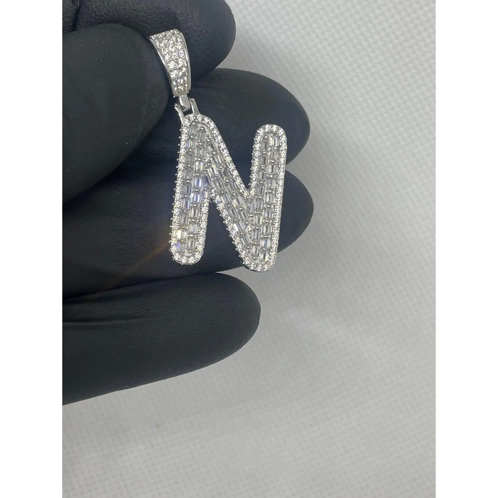 925 Superior Silver Iced Out Initial Necklace - Cubic Zirconia Encrusted N Letter Pendant, Clean Initial Jewelry for Personal Style Enthusiasts