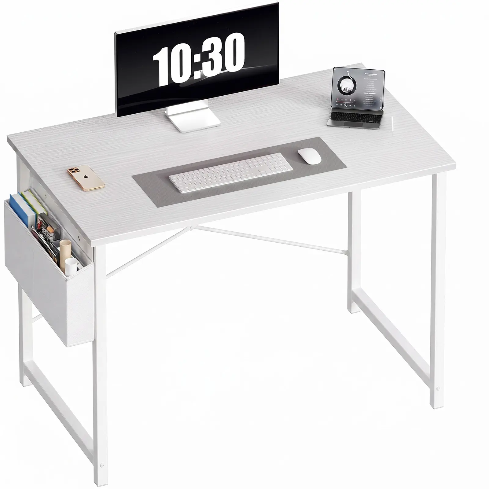 Writing Computer Desk with Reversible Side Storage Bag, X-Shaped Stable Metal Frame Office Study Table, 198 LBS Weight Capacity Simple Work Desk for Bedroom Home Office
