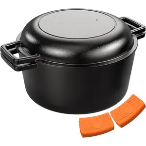 2-in-1 Pre-Seasoned Cast Iron Double Dutch Oven Pot with Skillet Lid &  Sleeves - Raised Rib Skillet Lid-  7QT Cast Iron Skillet Cookware Pan Set wirh Dual Handles - Oven, Grill, Campfire & Stovetop Safe --Free