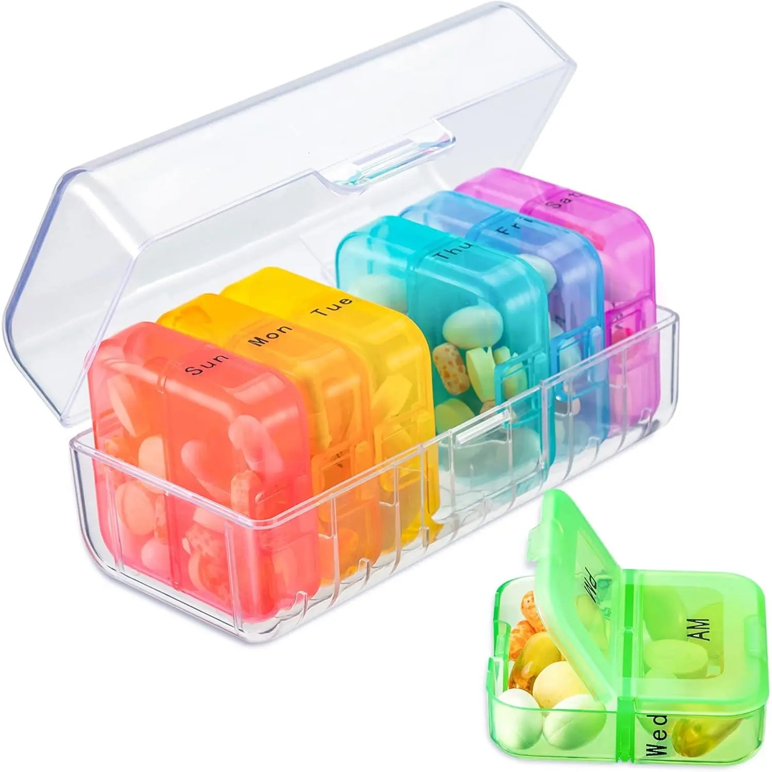 Weekly Pill Organizer 2 Times a Day, Rainbow 7 Day Pill Box, Daily Am Pm Pill Organizer, Portable Case for Fish Oils, Vitamin, Supplement Healthcare Aid Medicine