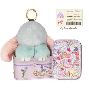 【BunnyLulu】Summervibes Handmade Bunny PomPom Keychain with Tin Box – Cute Bag & Backpack Charm, Fun Gift for Friends or Loved Ones