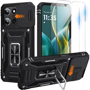 New for Moto G 2025 Case with 2 PCS HD Screen Protector, Slide Camera Cover Military Grade Drop Protection 360° Ring Holder Kickstand, Heavy Duty Shockproof Full Body for Motorola Moto G 2025 Case, Black