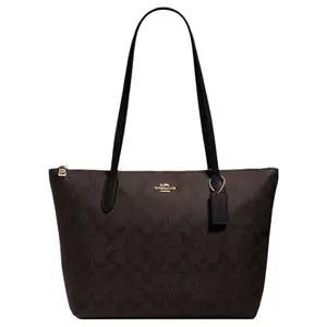 COACH Zip Top Tote 30 PVC Monogram Large Women's Shoulder Bag in Deep Brown