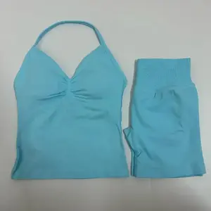 （With tag）dfyne workout sets No Logo2Pcs Gym Set Women Backless Tank Tops High Waist Scrunch Seamless Shorts Gym Suit Fitness Clothes Activewear Workout Set