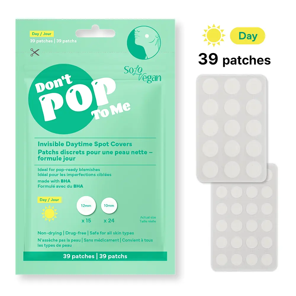 SoloVegan Invisible Daytime Acne Patches with BHA Salicylic Acid - Anti-Acne Blemishes Treatment for Clearer Skin, Ultra-Thin for Oily Skin & Under Makeup, 39 Count, 2 Sizes