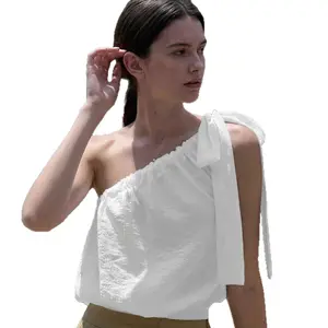 legant Asymmetric One Shoulder Knotted Bow Top Solid Lightweight Ruched Casual Summer Tank Blouse Boho Casual One Shoulder Bow Knot Flowy Top Vintage Elegant Going Out Vacation Sleeveless Top