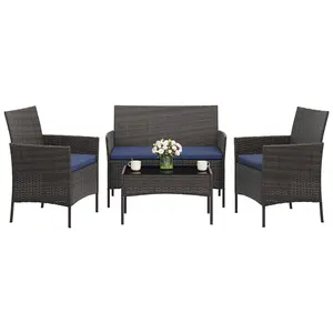 Gaomon 4-Piece Modern PE Rattan Outdoor Furniture Set, Featuring 2 Chairs, 1 Loveseat, and 1 Tempered Glass Coffee Table, All-Weather Seating for Garden, Porch