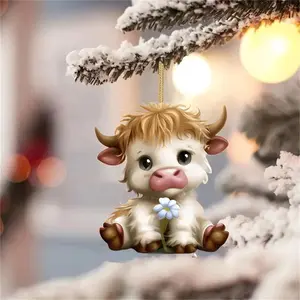 Cute Highland Cow Design Acrylic Car Hanging Ornament, 2D Cartoon Flower Design Hanging Decoration, Universal Car Interior Decorative Accessories for Car Rearview Mirror, Keychain, Bag Decor