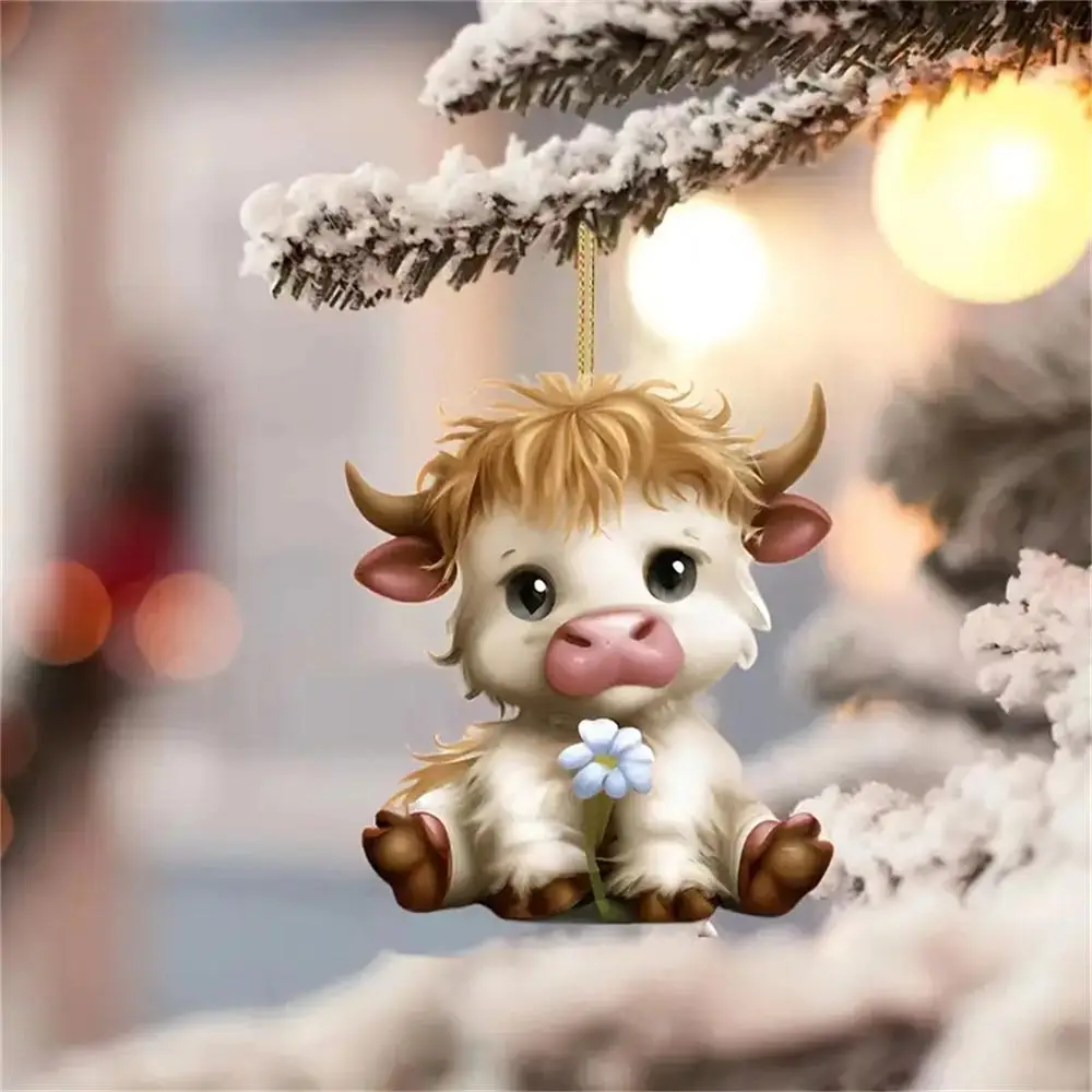 Cute Highland Cow Design Acrylic Car Hanging Ornament, 2D Cartoon Flower Design Hanging Decoration, Universal Car Interior Accessories for Car Rearvie