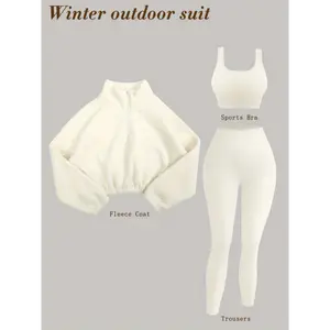 Cozy 3pcs Fleece-Lined Yoga Outfit Set - Stretchy Bra,-Waist Leggings & Half-Zip Sweatshirt Women - Autumn/Winter Workout Gear, Casual Activewear, Elegant Attire, Polyester Blend