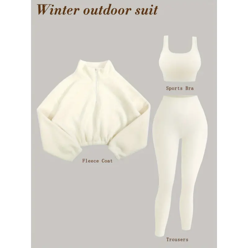 Cozy 3pcs Fleece-Lined Yoga Outfit Set - Stretchy Bra,-Waist Leggings & Half-Zip Sweatshirt Women - Autumn/Winter Workout Gear, Casual Activewear, Elegant Attire, Polyester Blend