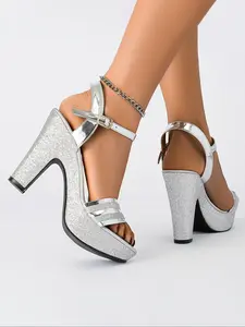 Elegant Women's All-Season Comfortable High Heel Mules, Peep Toe Design for Parties and Night Clubs, Stylish Medium Width Footwear, Glitter Heeled Sandals