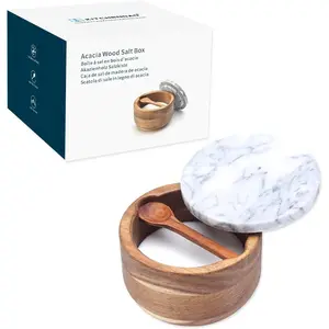 Large Acacia Salt Cellar Box Bowl with Built-in Spoon and Marble Lid, Solid  Acacia  Bath Sea Salt Container, Grey Marble Lid, Pepper Sealer Pinch Bowl, 10oz Capacity