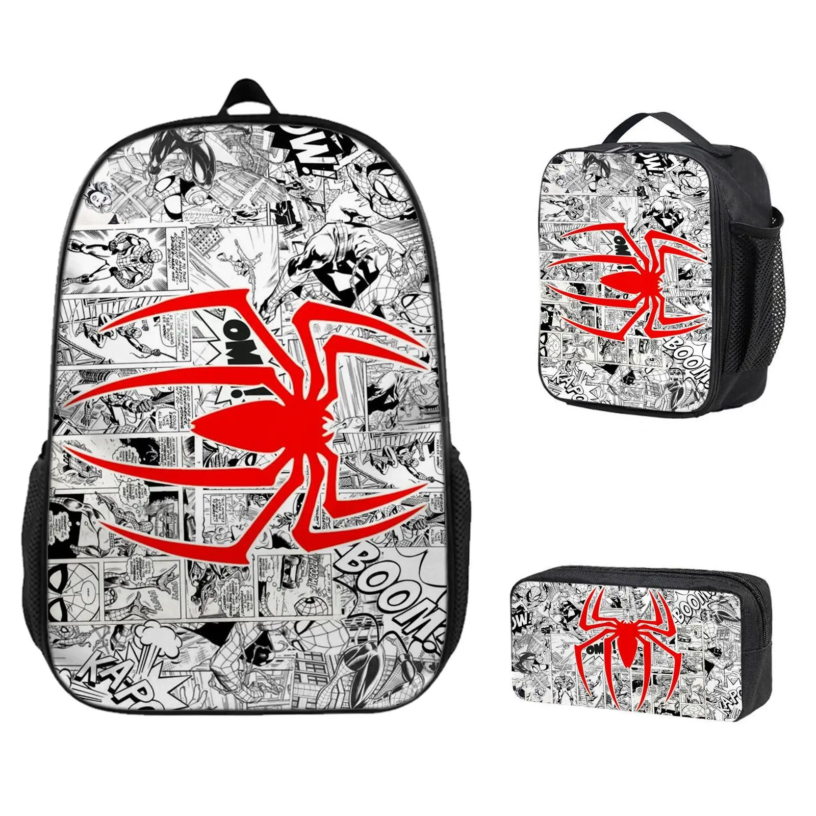 Kids' 3-Piece Lightweight Casual Backpack Set - Insulated Lunch Bag, Pencil Case, Spider Man Comic Print, Red Spider Logo, Black White Manga Pattern, High-Quality Anime Gift Backpack