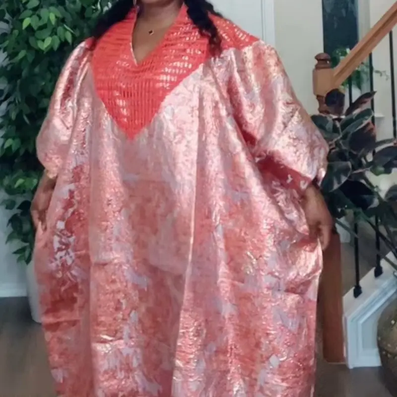 Brocade Boubou with Aso Oke Trim - Pink Color Traditional Fashion Wear
