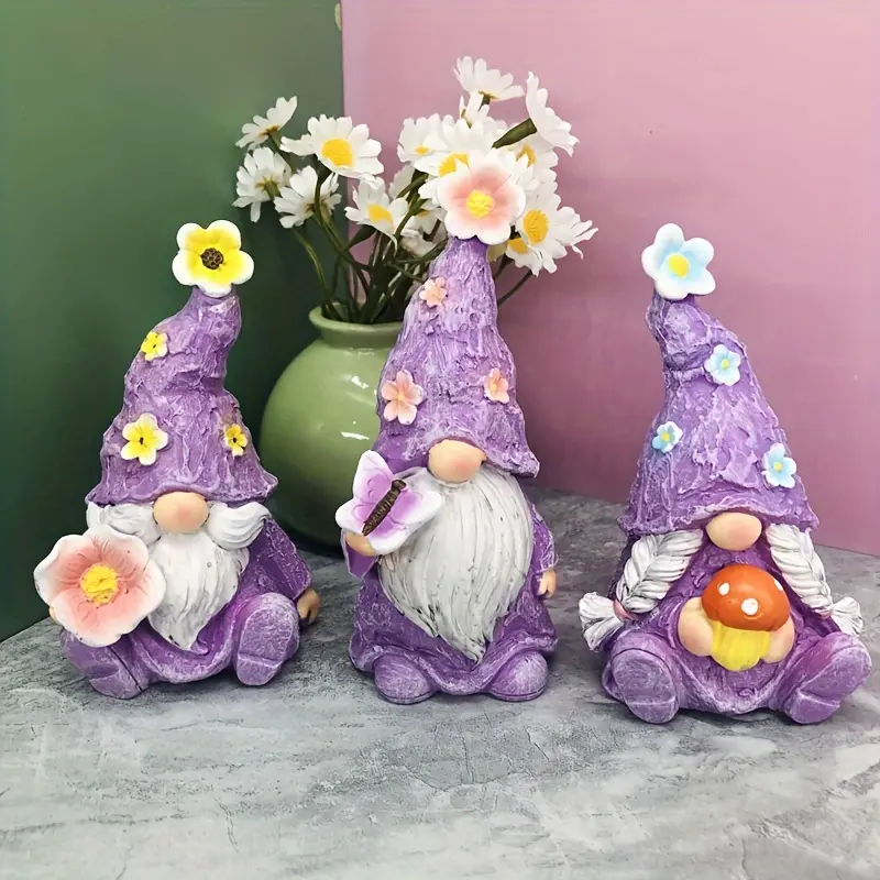 3pcs Lavender American Country Style Resin Dwarf Statue - 4.33" Height, Outdoor/Indoor Decoration for Garden, Living Room, Desktop