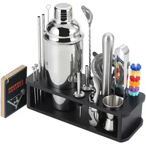 HMYBAR ®   22-pc Cocktail Shaker Set(24oz/700ml) |   Mixology Bartender Kit |   Bar Tool Set |   Martini Making Set with 39-Recipe Cocktail Cards & Kit's Deco, Bamboo Stand Black Color, Silver Tools