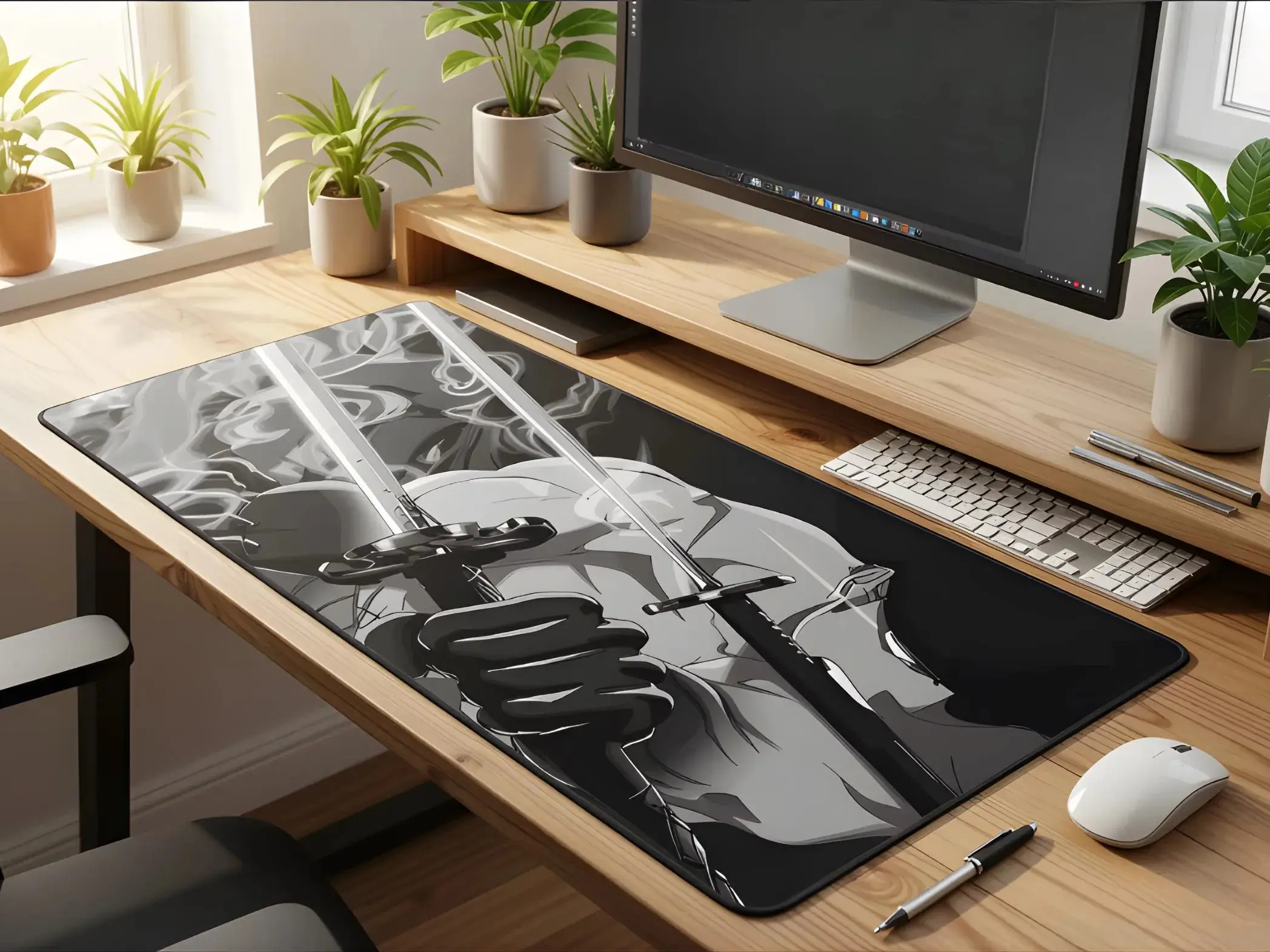 Roronoa Zoro Mouse Pad, Anime, XXL Desk Mat, Keyboard, Mouse, Gaming Accessory, One Piece, Black and White, Manga, Japan, Office, Art